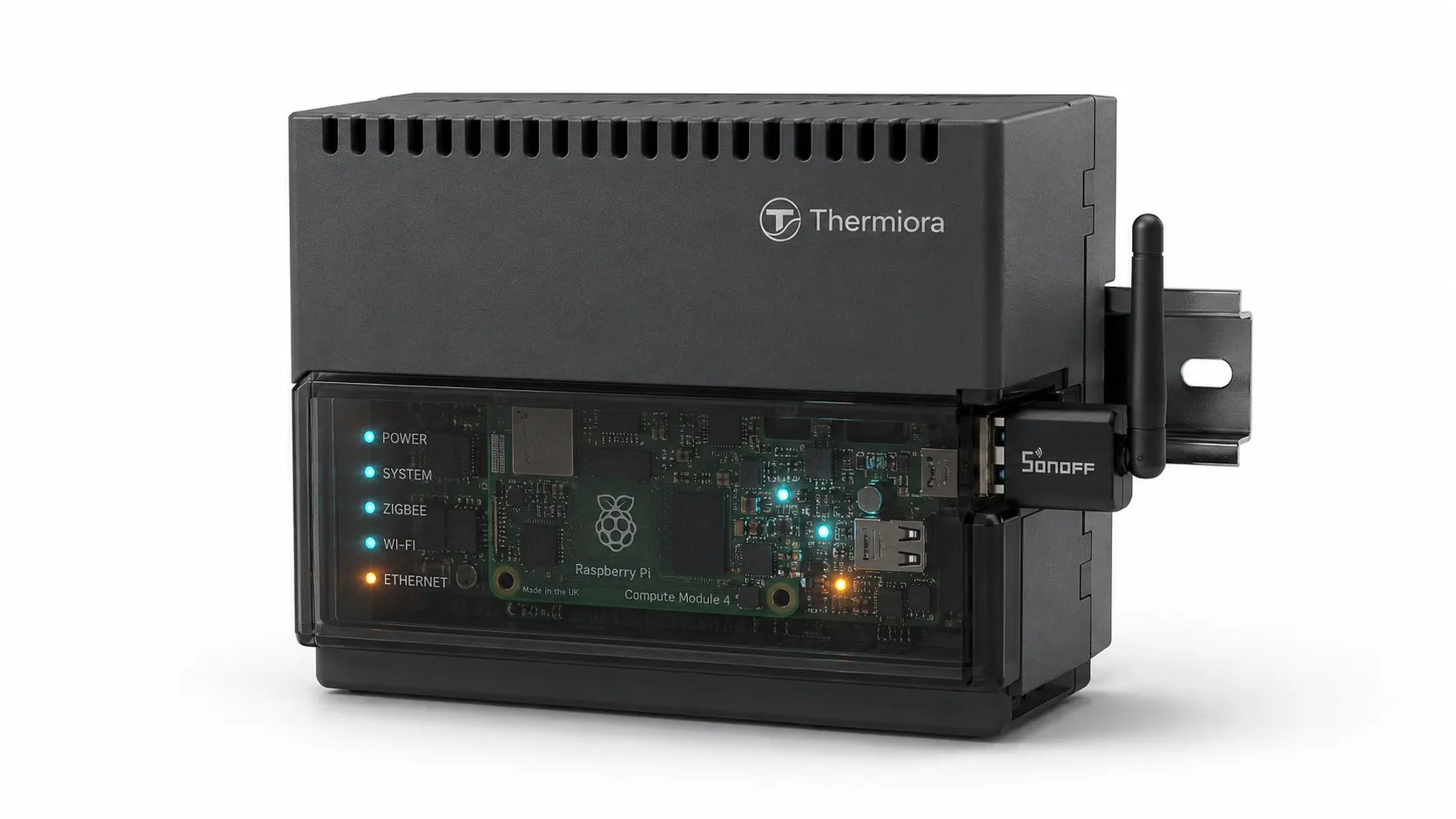 Thermiora hub: modul za razvodni orman sa statusnim lampicama i vidljivom pločom iza prozirnog poklopca