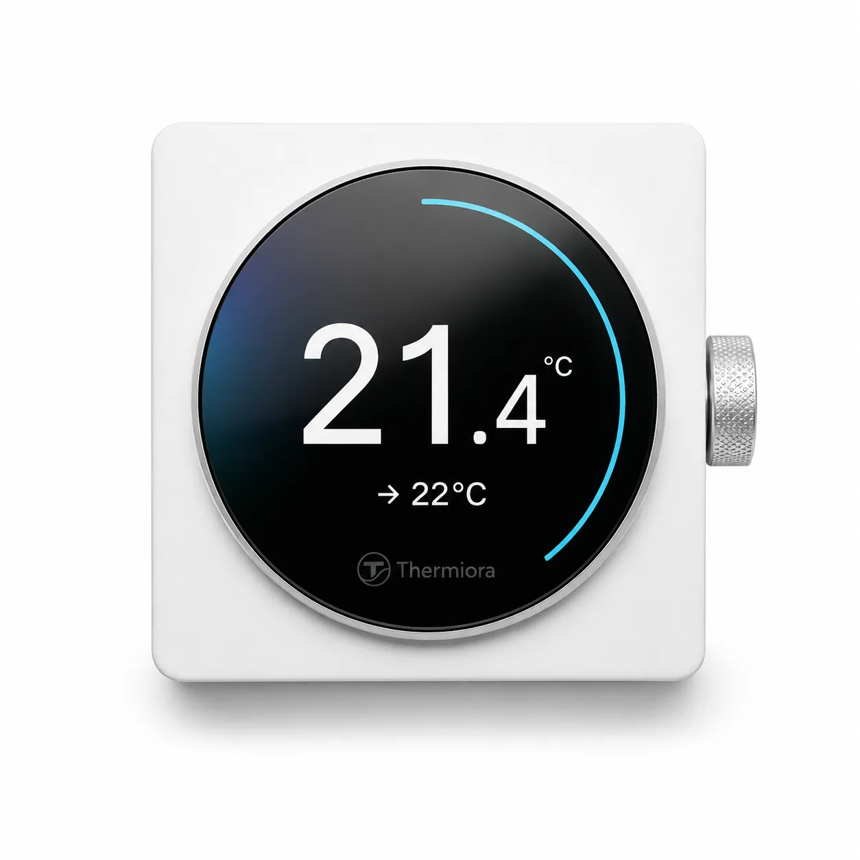 Thermiora zidni panel frontalno: okrugli ekran sa temperaturom 21.4°C i rotirajući prsten